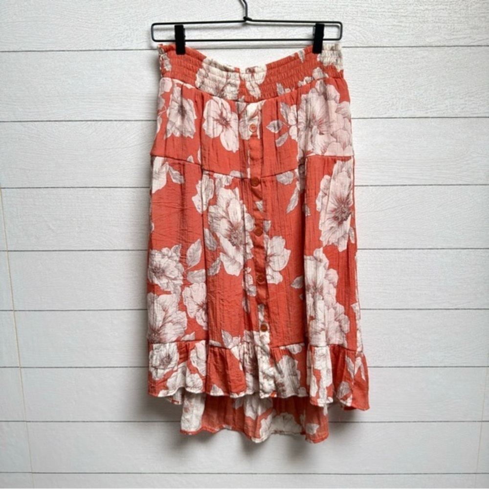 Mlle Gabrielle | Coral Hawaiian Floral Rayon Lined Midi Skirt | Size M